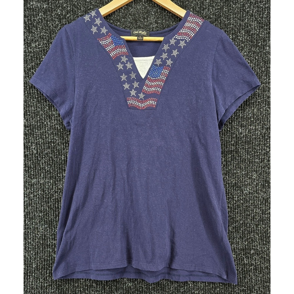 Vtg Cal Style USA Women's L‎  Embellished American Flag T-Shirt Top Navy McBling